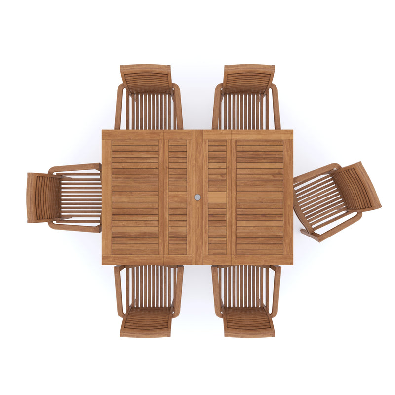 CLEARANCE Teak Garden Furniture Square To Rectangle 120-170cm Extending Table 4cm Top (6 Oxford Stacking Chairs) Cushions included.