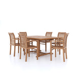 CLEARANCE Teak Garden Furniture Square To Rectangle 120-170cm Extending Table 4cm Top (6 Oxford Stacking Chairs) Cushions included.