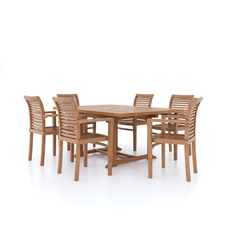 CLEARANCE Teak Garden Furniture Square To Rectangle 120-170cm Extending Table 4cm Top (6 Oxford Stacking Chairs) Cushions included.