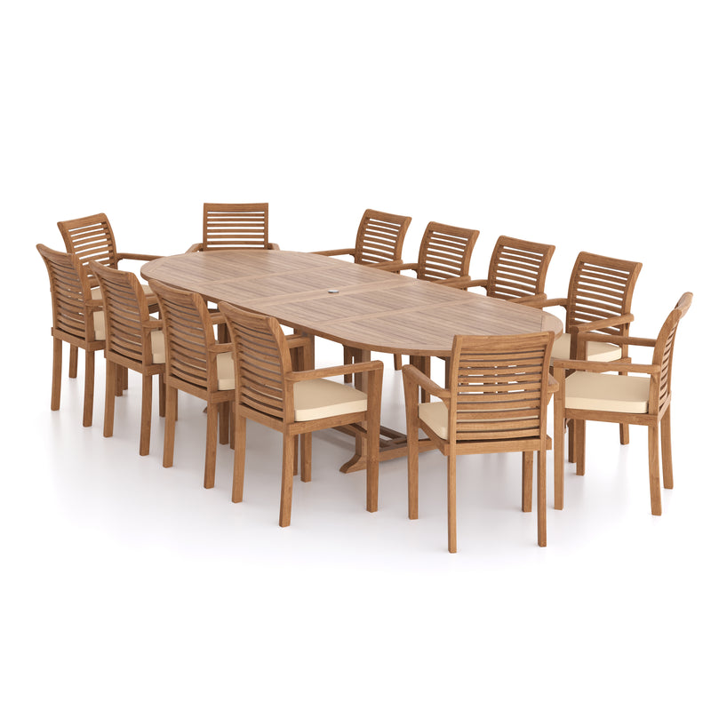 Giant Teak Oval Set 2-3m Extending Table with 12 Oxford Stacking Chairs