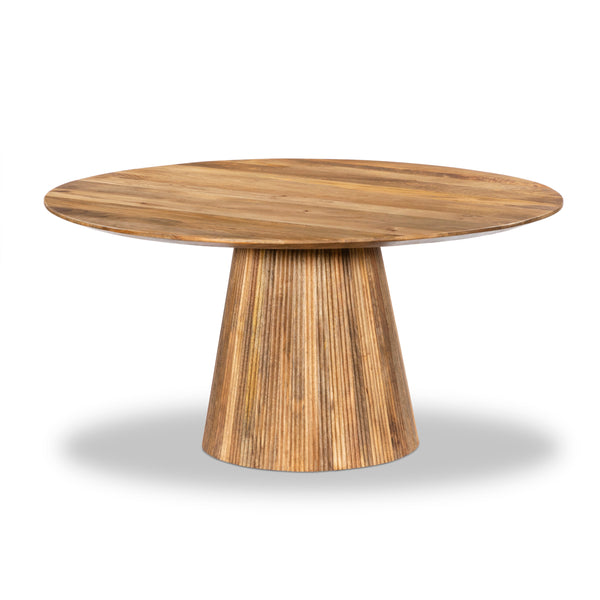 Solid Wood 150cm Round Dining Table, Fluted Base, Natural Finish