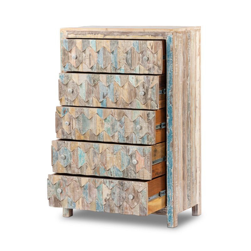 Tall Reclaimed Teak Chest of Drawers, Mountain Pattern