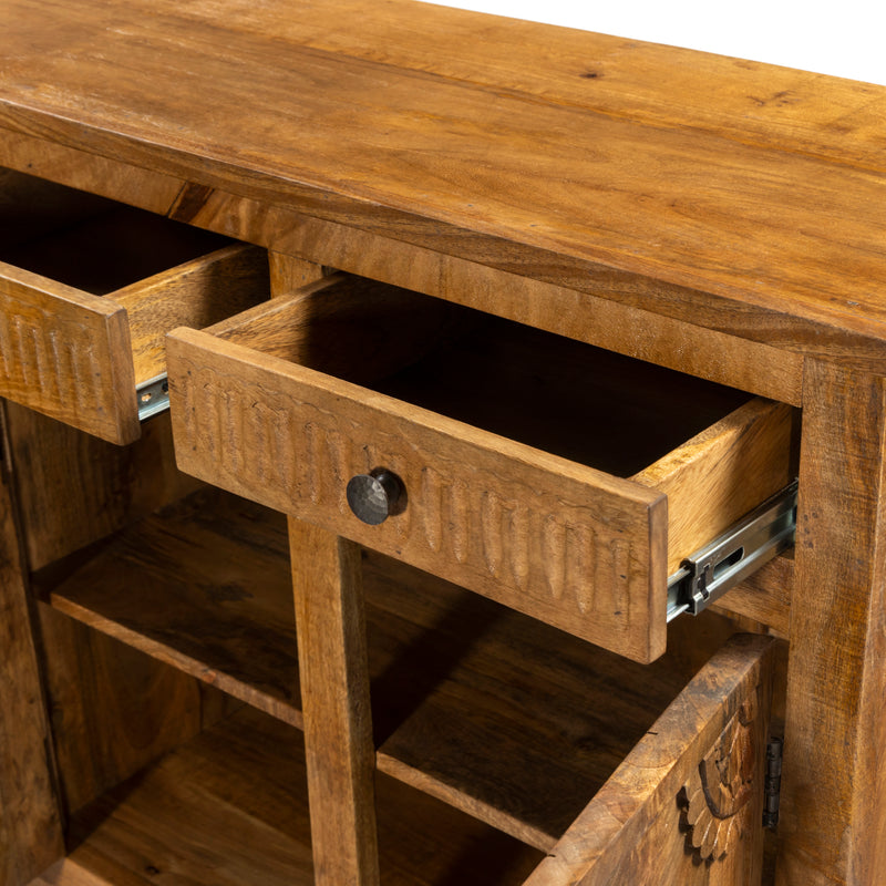 Handcrafted Natural Sideboard, Floral Carving, Medium Brown 150cm + 180cm