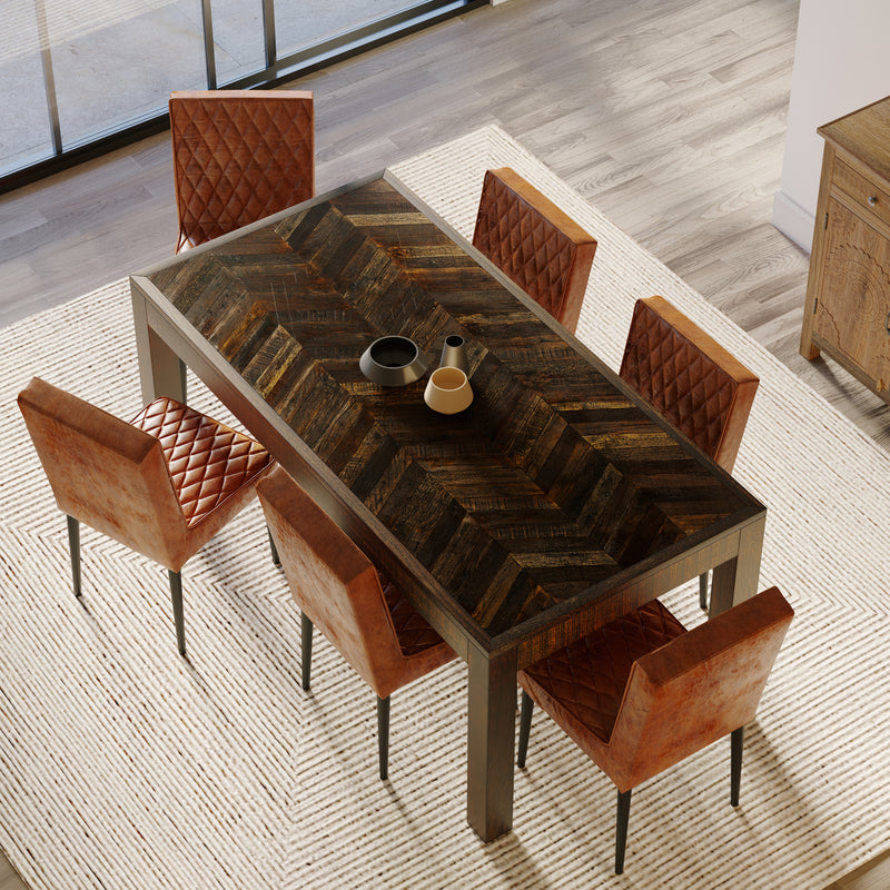 180cm Rectangle Parquet Teak Table with 6 Real Leather Chairs in Brown