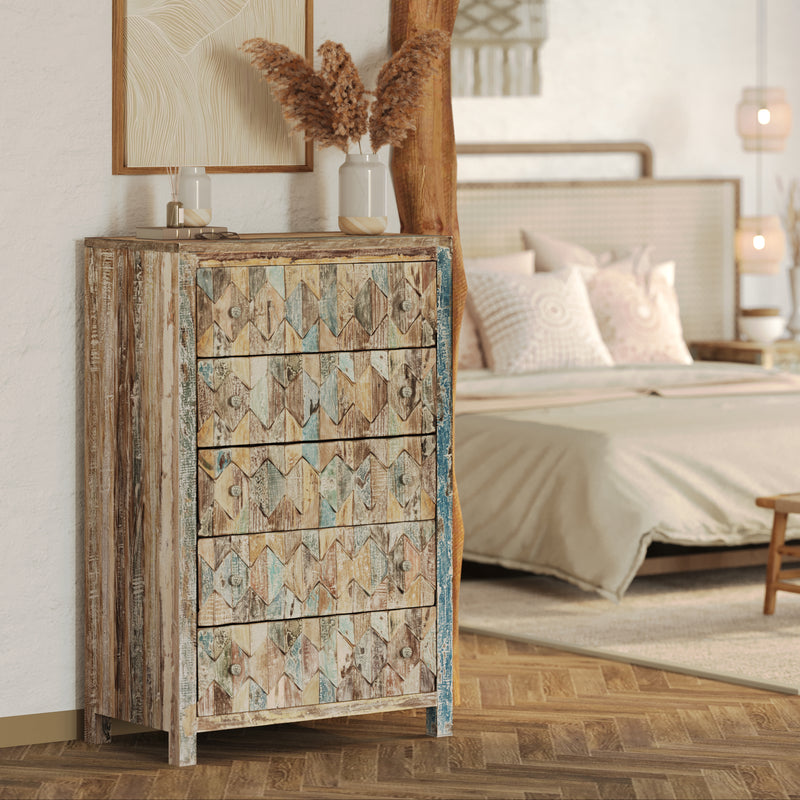 Tall Reclaimed Teak Chest of Drawers, Mountain Pattern