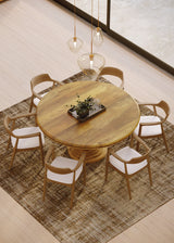 150cm Round Solid Wood Table with Ornate Base and 6 Curved Ash Chairs