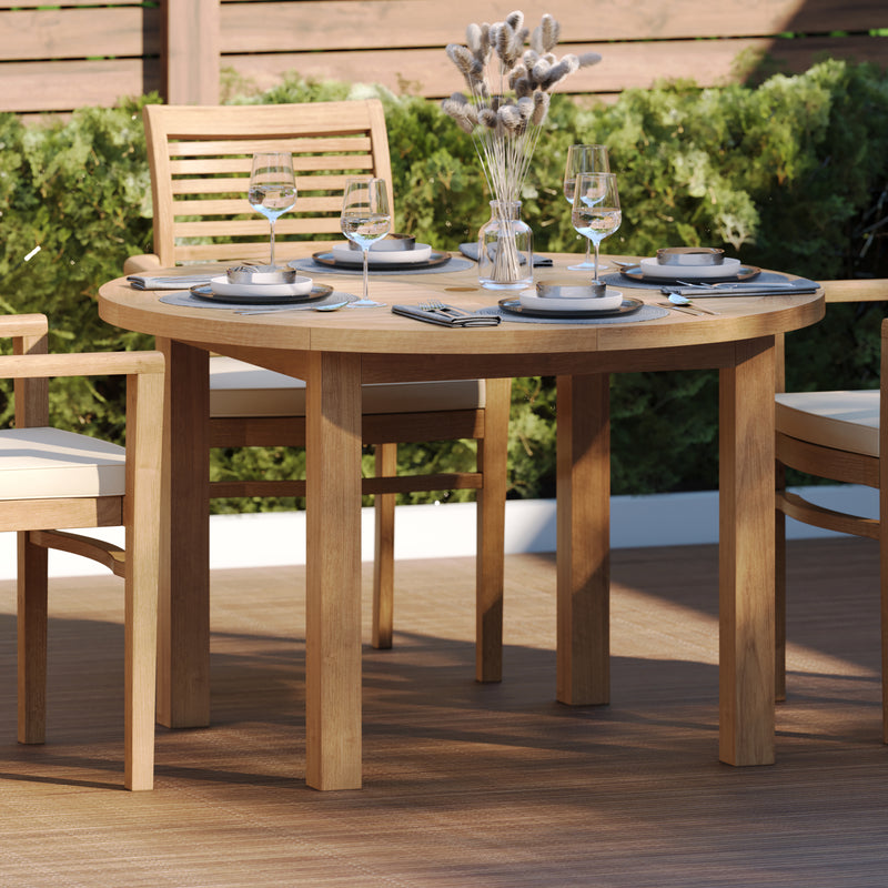 Teak Set 120cm Maximus Round Fixed Table, 4cm Top (4 x Oxford Stacking Chairs) Cushions included.