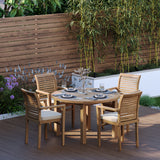 Teak Set 120cm Maximus Round Fixed Table, 4cm Top (4 x Oxford Stacking Chairs) Cushions included.