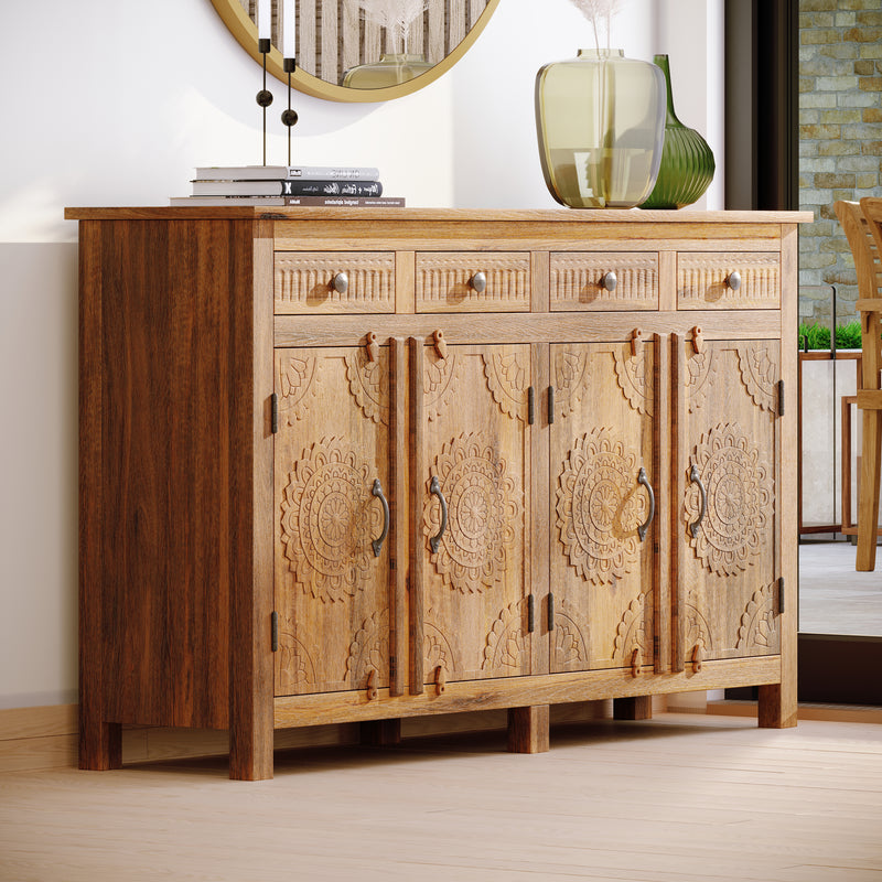 Handcrafted Natural Sideboard, Floral Carving, Medium Brown 150cm + 180cm