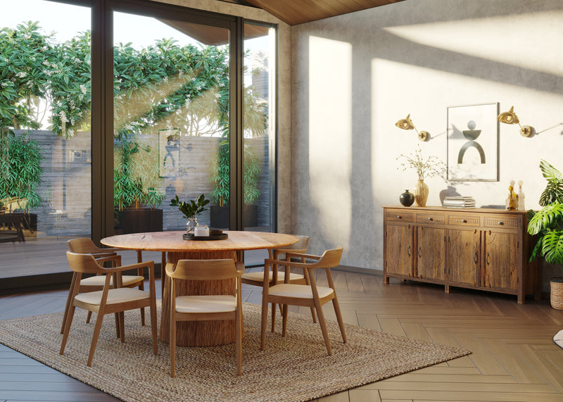 150cm Round Solid Wood Table with Fluted Base 6 Curved Ash Chairs.