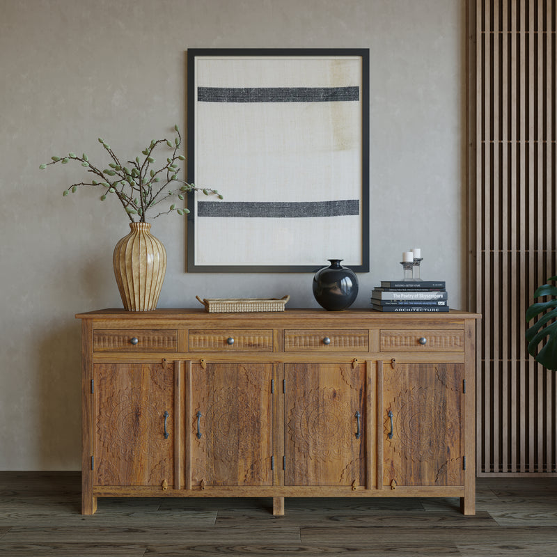 Handcrafted Natural Sideboard, Floral Carving, Medium Brown 150cm + 180cm