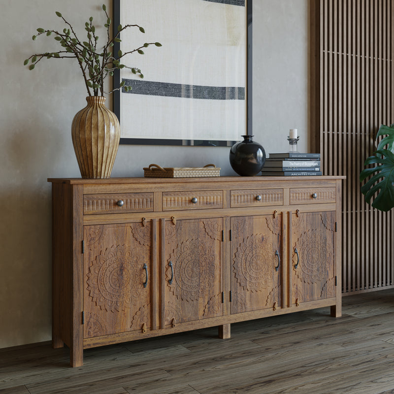 Handcrafted Natural Sideboard, Floral Carving, Medium Brown 150cm + 180cm