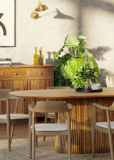 210cm Oval Solid Wood Table, with Fluted Base and 6 Curved Ash Chairs