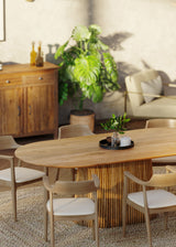 210cm Oval Solid Wood Table, with Fluted Base and 6 Curved Ash Chairs