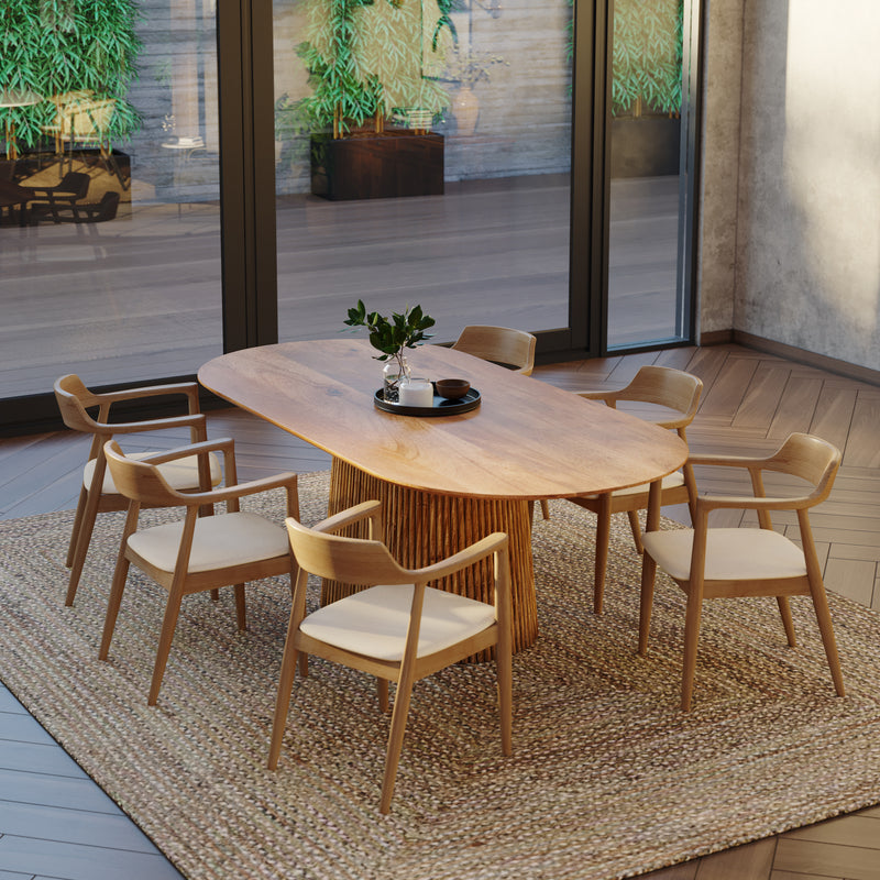 210cm Oval Solid Wood Table, with Fluted Base and 6 Curved Ash Chairs