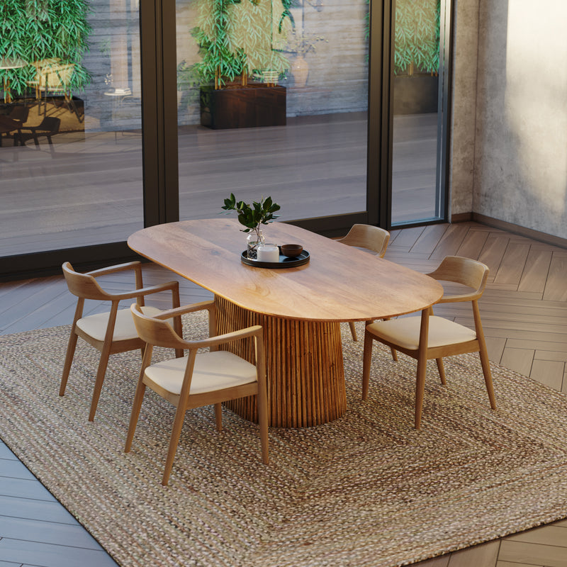 210cm Oval Solid Wood Table with Fluted Base and 4 Curved Ash Chairs