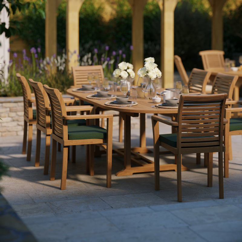 CLEARANCE Teak Garden Furniture Oval 180-240cm Extending Table 4cm Top (8 Oxford Stacking Chairs) cushions included.