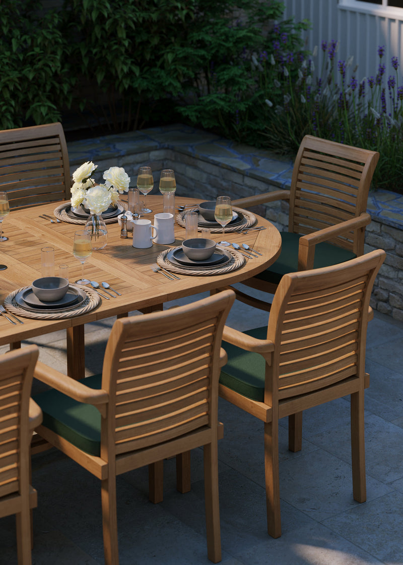 CLEARANCE Teak Garden Furniture Oval 180-240cm Extending Table 4cm Top (8 Oxford Stacking Chairs) cushions included.