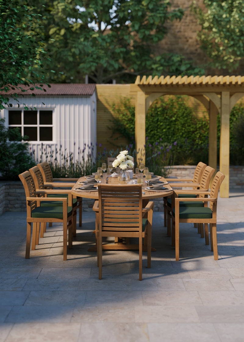 CLEARANCE Teak Garden Furniture Oval 180-240cm Extending Table 4cm Top (8 Oxford Stacking Chairs) cushions included.