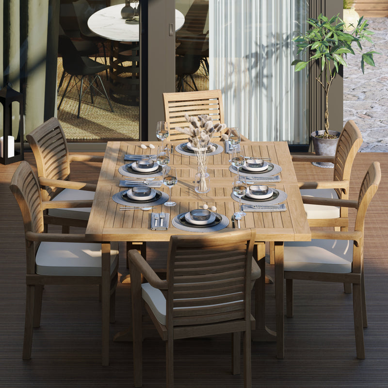 CLEARANCE Teak Garden Furniture Square To Rectangle 120-170cm Extending Table 4cm Top (6 Oxford Stacking Chairs) Cushions included.