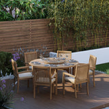 Teak Set 150cm Maximus Round Table 4cm Top (6 Henley Stacking Chairs) Cushions included.