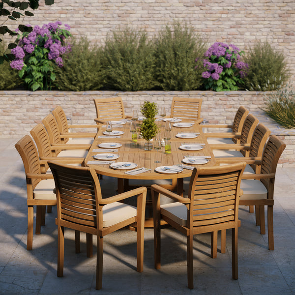 Giant Teak Oval Set 2-3m Extending Table 4cm Top (12 Oxford Stacking Chairs) Free Cushions.