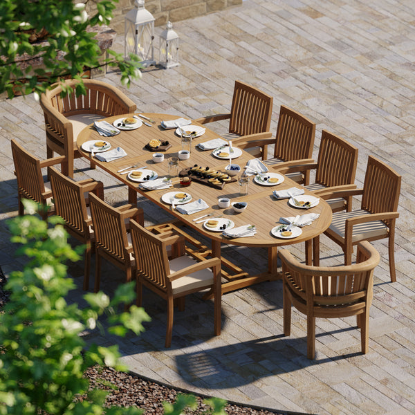 Teak 200-300cm Oval Extending Table 4cm Top (8 Henley Stacking Chairs 2 San Francisco Chairs) Free Cushions.