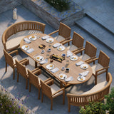 Teak 2-3m Oval Extending Table 4cm Top (8 Henley Stacking Chairs 2 San Francisco Benches) Free Cushions.