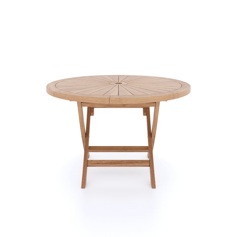 Teak Set 120cm Round Folding Sunshine Table, 4cm Top (4 teak San Francisco Chairs) Cushions included.