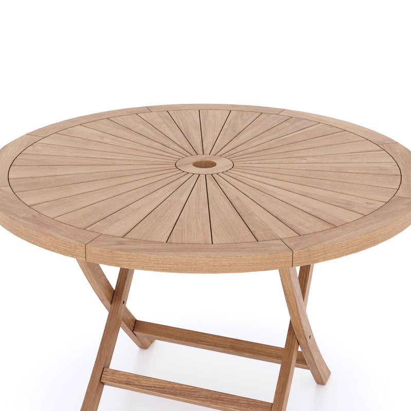 Teak Set 120cm Round Folding Sunshine Table, 4cm Top (4 teak San Francisco Chairs) Cushions included.